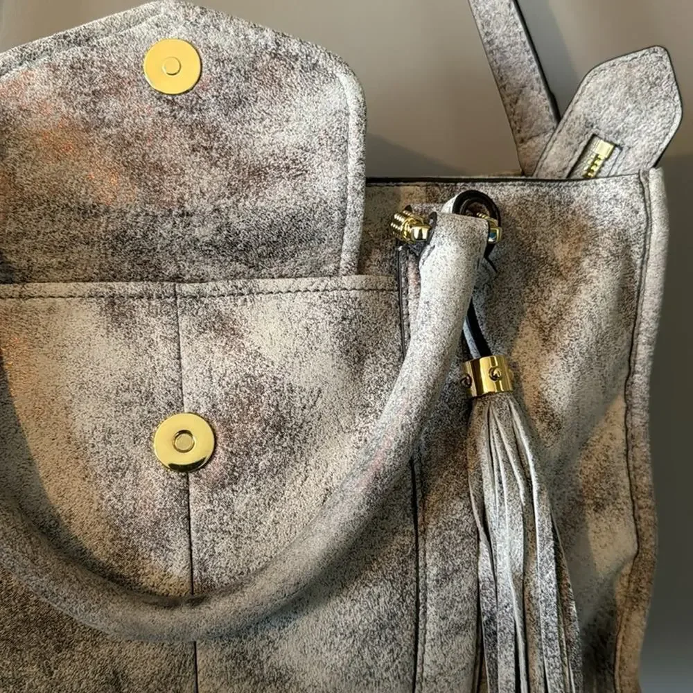 AIMEE KESTENBERG GRAY/ IRIDESCENT ROSE GOLD HESTON SATCHEL W/ GOLD HARDWARE - Picture 7 of 16